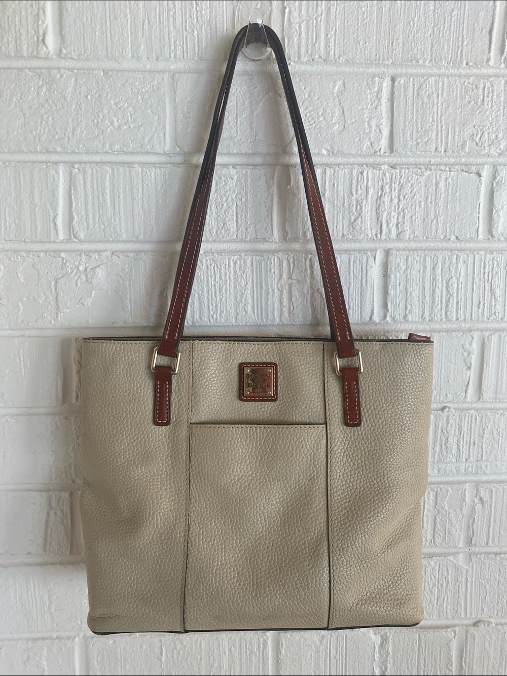 Dooney & Bourke Cream Pebbled Leather Tote Shoulder Bag with Brown Straps